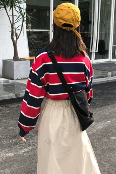Colorblock Striped Round Neck Long Sleeve Cotton Sweatshirt