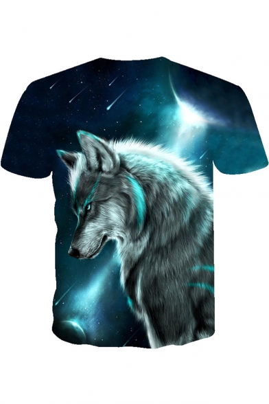 Cool 3D Galaxy Wolf Printed Round Neck Short Sleeve Blue T-Shirt ...