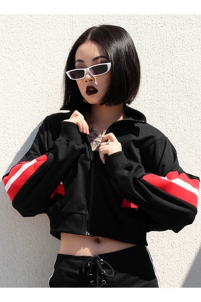 Cool Women's Colorblock Zip Up Stand Collar Long Sleeve Black Cropped Sweatshirt