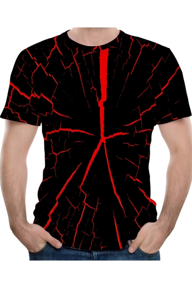 Creative 3D Red Line Pattern Basic Round Neck Short Sleeve Black Tee