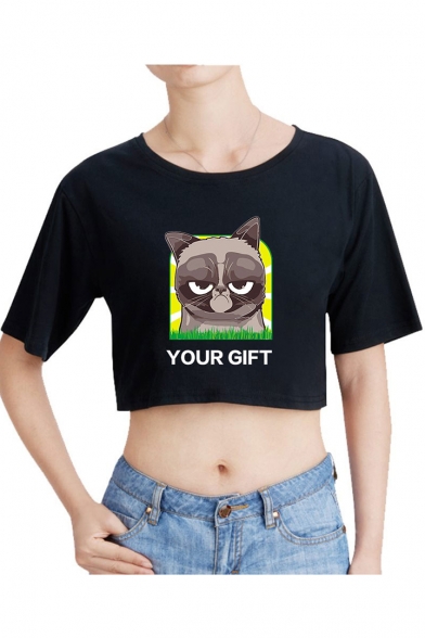 

Cute Grumpy Cat Letter YOUR GIFT Round Neck Short Sleeve Cotton Crop Tee, Black;pink;white;gray, LM529996