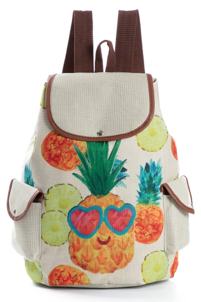 Designer Creative Fruit Pattern Beige Drawstring School Backpack with Side Pockets 28*11*39 CM