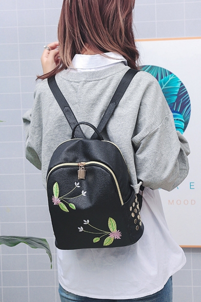 Elegant Floral Dragonfly Embroidered Rivet Embellishment Black PU Leather Leisure Backpack for Ladies 28*25*12 CM