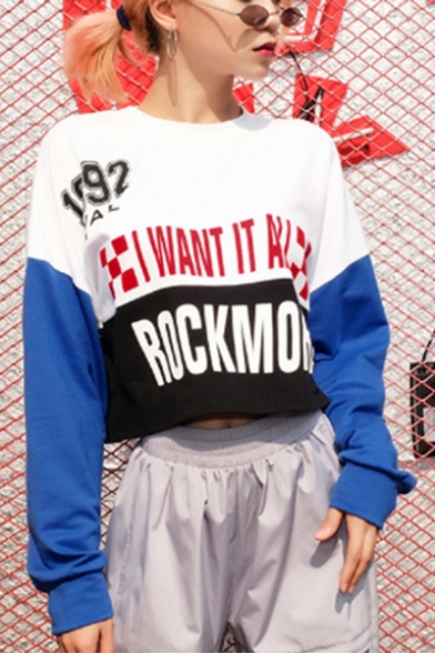 Fancy Color Block I WANT IT ALL ROCKMORE Letter Printed Patched Long Sleeve Pullover Sweatshirt