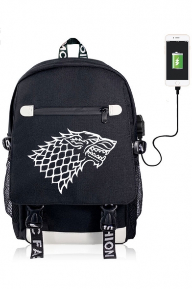 Fashion Animal Lion Wolf Printed Black Casual Zipper Laptop Backpack School Bag with USB Charging 50*35*20 CM