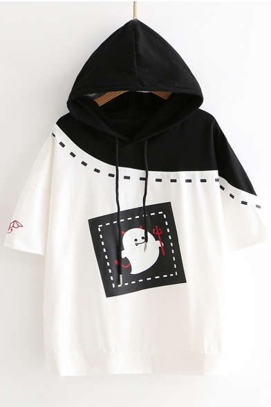 Fashion Cartoon Printed Two-Tone Patched Hooded Casual Black and White T-Shirt