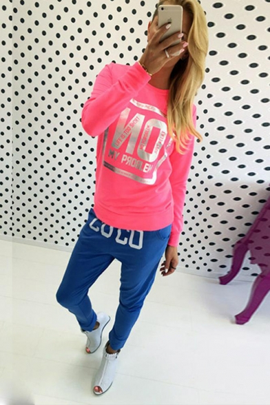 Fashion Gold Stamping Letter MY PROBLEM Print Round Neck Long Sleeve Pink T-Shirt