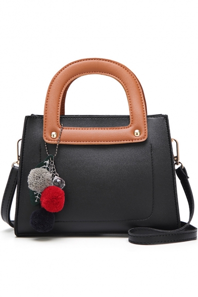 Fashion Plush Ball Embellishment Colorblock Handle Leisure Satchel Shoulder Bag 22*10*16 CM