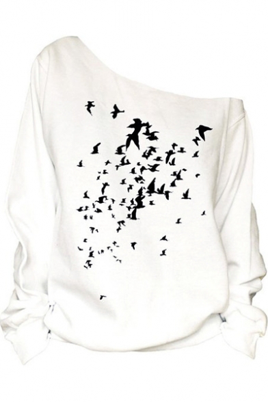 Fashion Swallow Printed Oblique Shoulder Long Sleeve Casual Loose White Sweatshirt