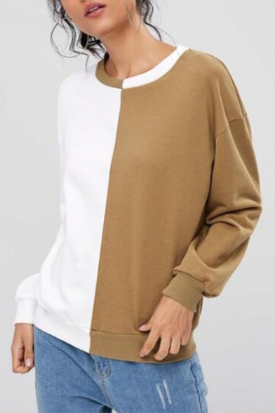 

Fashion Two-Tone Colorblock Round Neck Long Sleeve White and Khaki Sweatshirt, LM537644