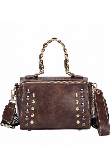 Fashion Vintage Plain Rivet Embellishment Letter Wide Strap Top Handle Satchel Handbag 21*10*15 CM