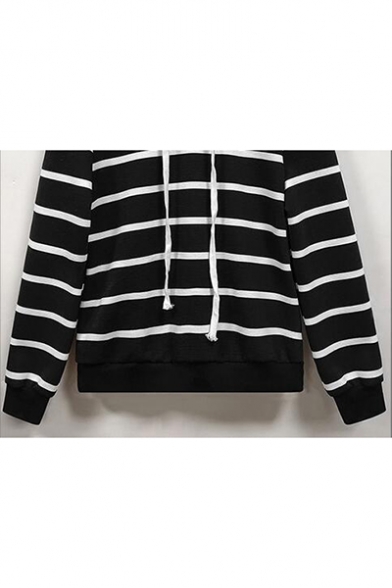 Fashion Women's Black and White Stripe Print Drawstring Hood Long Sleeve Knit Hoodie