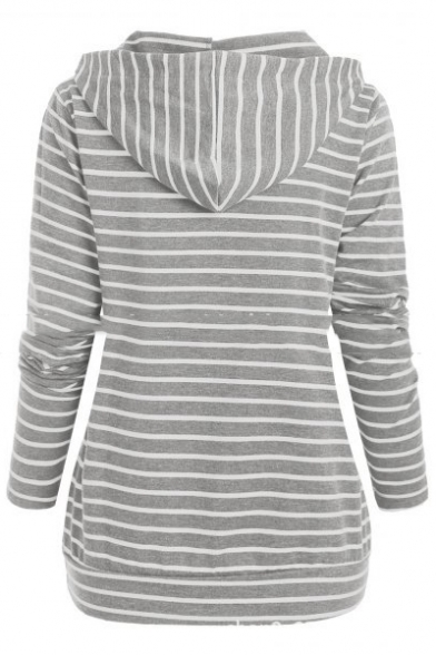 Fashion Women's Stripe Print Half-Zip Front Drawstring Hood Patched Long Sleeve Hoodie