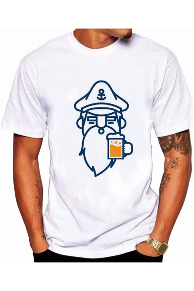 Funny Cartoon Old Man with Beer Pattern Round Neck Short Sleeve White Tee