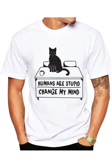 Funny Cat Letter HUMANS ARE STUPID Print Round Neck Short Sleeve White Graphic Tee