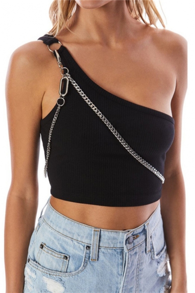 Girls Unique One Shoulder Sleeveless Plain Chain Embellished Summer Cami Top
