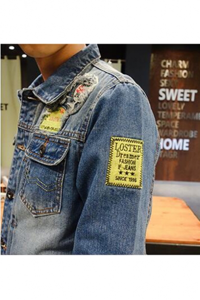 Guys Retro Letter Patched Cool Ripped Long Sleeve Lapel Collar Button Down Fitted Light Blue Denim Jacket