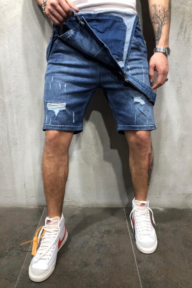 Guys Summer New Fashion Simple Plain Distressed Ripped Washed Denim Shorts Overalls