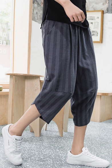 Guys Summer Trendy Vertical Striped Printed Cotton and Linen Loose Cropped Bloomers Pants
