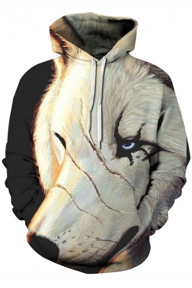Hot Fashion 3D Wolf Print Long Sleeve White Hoodie with Pocket for Men