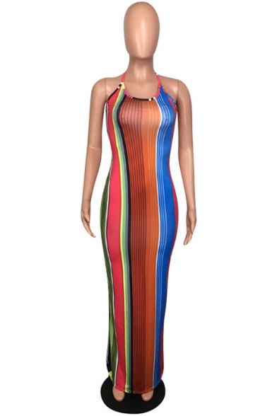 Hot Fashion Halter Neck Sleeveless Rainbow Stripes Printed Backless Bodycon Maxi Dress