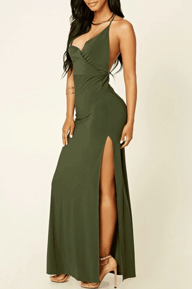 Hot Fashion V-Neck Sleeveless Plain Backless Split Detail Maxi Cami Army Green Dress