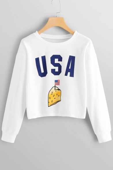 Hot USA Letter American Flag Cheese Print Round Neck Long Sleeve White Cropped Sweatshirt