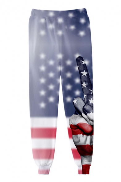 Independence Day Cool Star Stripe Flag Finger Pattern Drawstring Waist Cotton Loose Unisex Sweatpants Jogger Pants