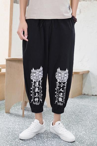 Men's New Fashion Pattern Drawstring Waist Loose Fit Linen Carrot Pants