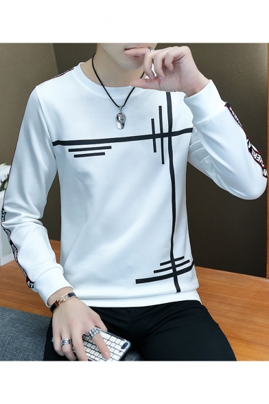 Men's New Stylish Line Printed Long Sleeve Round Neck Pullover Casual Sweatshirt