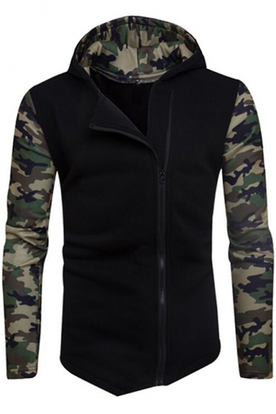 Mens Camouflage Colorblock Patched Slim Fit Side Zip Up Hoodie