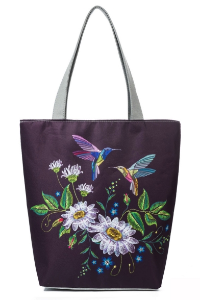 National Style Floral Birds Pattern Dark Purple Canvas Shoulder Bag 27*11*38 CM