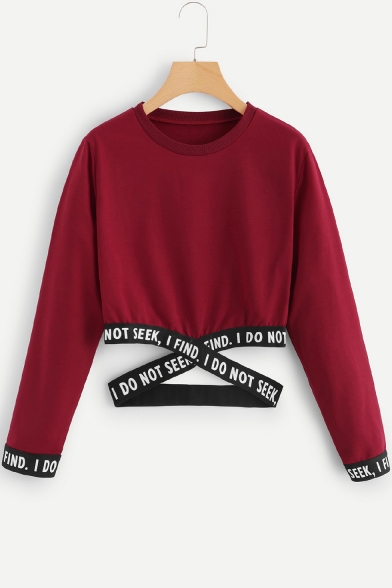 New Fashion Cool Letter Hem Basic Round Neck Long Sleeve Cropped Sweatshirt