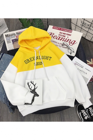 New Stylish GREENLIGHT SIGH Letter Embroidered Colorblock Drawstring Hood Long Sleeve Hoodie for Women