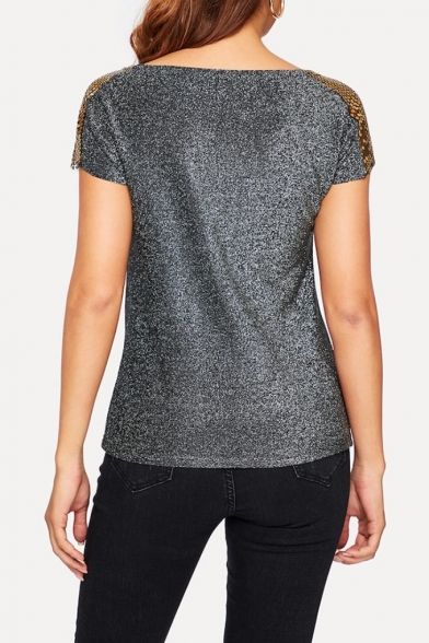 New Stylish Round Neck Short Sleeve Simple Plain Sequined Shoulder Silver T-Shirt For Women