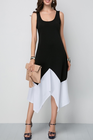 New Stylish Scoop Neck Sleeveless Colorblock Midi Asymmetric Black Dress For Women