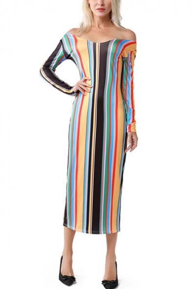 New Trendy Off The Shoulder Long Sleeve Stripes Printed Maxi Shift Dress