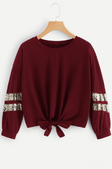 New Trendy Plain Round Neck Long Sleeve Sequined Embellished Bow Tie Cropped Pullover Sweatshirt