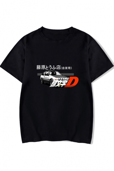 Popular Japanese Character FUJIWARA TOFU SHOP Letter Car Printed Short Sleeve Loose Relaxed T-Shirt