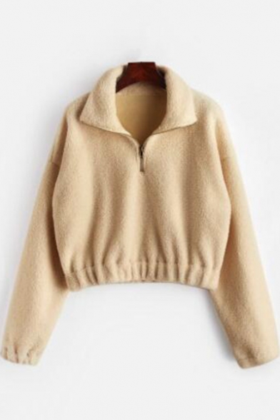 Popular Khaki Solid Color Zipper Stand Collar Long Sleeve Cropped Fleece Sweatshirt