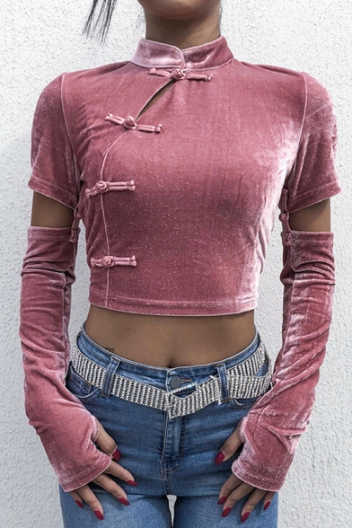 Retro Chinese Style Frog Button Stand Collar Glove Long Sleeve Plain Cropped Pink Sweatshirt