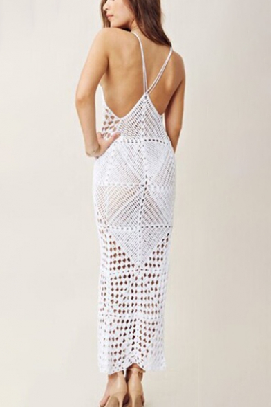 Sexy V-Neck Sleeveless Hollow Out Crochet Open Back Maxi White Bikini Cover Up Cami Dress