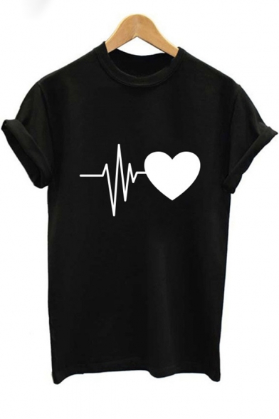 Simple Heart Pattern Basic Round Neck Short Sleeve Relaxed T-Shirt