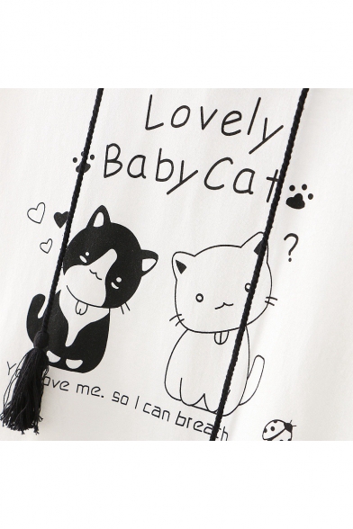 Summer Cute Letter Lovely Baby Cat Pattern Hooded Short Sleeve White Loose T-Shirt