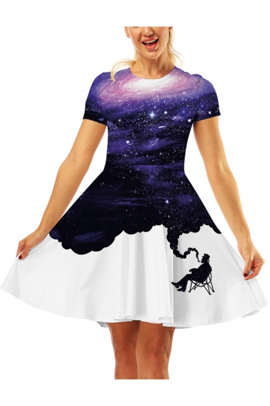 Summer Fashion 3D Galaxy Printed Round Neck Short Sleeve Mini A-Line Dress