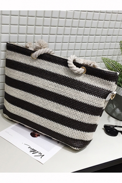 Summer Fashion Color Block Stripe Pattern Straw Beach Bag Shoulder Tote Bag 42*11*28 CM