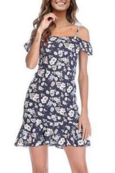 Summer Fashion Floral Pattern Straps Cold Shoulder Mini Bodycon Ruffled Chiffon Dress
