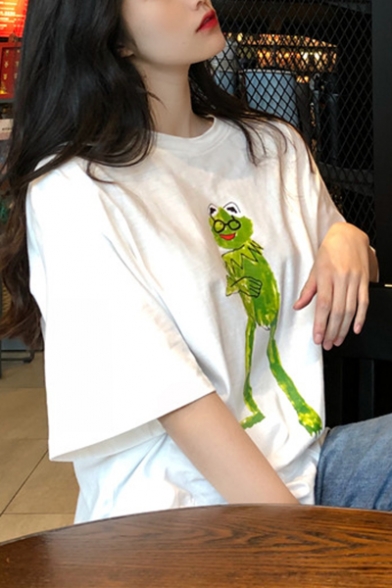 Summer Funny Cartoon Frog Printed Round Neck Oversized Loose T-Shirt for Girls