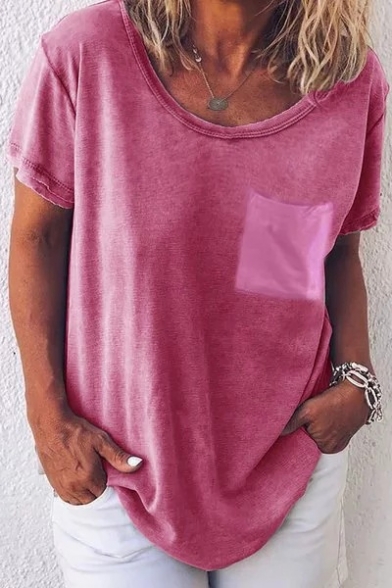 Summer Hot Fashion Simple Plain Round Neck Short Sleeve One Pocket Patched Casual Loose T-Shirt
