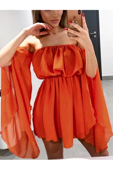 Summer Hot Popular Simple Plain Orange Off the Shoulder Bell Sleeve Mini A-Line Dress